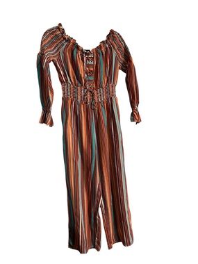 Rock & Roll Cowgirl Striped Off-Shoulder Jumpsuit in Rust, Teal & Cream